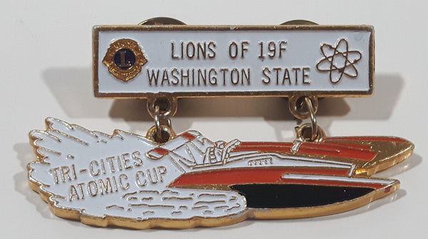 Rare Vintage Lions Club of 19F Washington State Tri-Cities Atomic Cup Speedboat Themed 1 1/4" x 2" Enamel Metal Lapel Pin