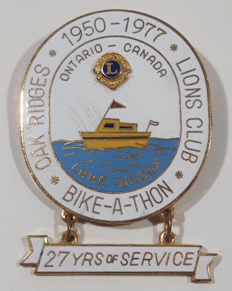 Vintage Lions Club 1950-1977 Oak Ridges Bike-A-Thon Lake Wilcox Ontario Canada 27 Years of Service 1 3/8" x 2" Enamel Metal Lapel Pin