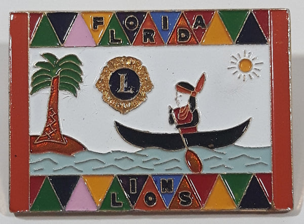 Vintage Lions Club Florida Native American in Canoe in Ocean Palm Tree Theme 1 1/4" x 1 3/4" Enamel Metal Lapel Pin