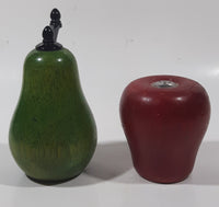 Vintage Style 3" Tall Red Apple Wood Salt Shaker with 5" Tall Green Pear Wood Pepper Grinder Mill