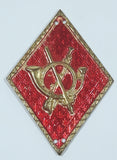 Vintage Spanish Army Infantry French Horn Bugle Sword and Musket Rifle Gun Red Diamond Shape 1 3/8" x 1 7/8" Gold Tone Metal Badge Insignia