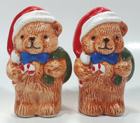 Vintage Brown Teddy Bear in Santa Claus Hat with Candy Cane Christmas Themed 4 1/4" Tall Ceramic Salt and Pepper Shaker Set