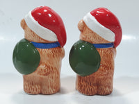 Vintage Brown Teddy Bear in Santa Claus Hat with Candy Cane Christmas Themed 4 1/4" Tall Ceramic Salt and Pepper Shaker Set