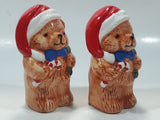 Vintage Brown Teddy Bear in Santa Claus Hat with Candy Cane Christmas Themed 4 1/4" Tall Ceramic Salt and Pepper Shaker Set