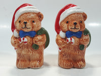 Vintage Brown Teddy Bear in Santa Claus Hat with Candy Cane Christmas Themed 4 1/4" Tall Ceramic Salt and Pepper Shaker Set