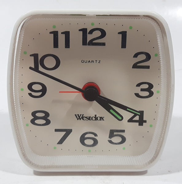 Vintage Westclox Battery Operated 3" White Plastic Nightstand Alarm Clock with Glow in The Dark Hands