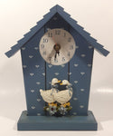 White Goose Birds with Blue Bows Flower Themed Blue House Building Shaped Wood Mantle Clock 9 1/4" Tall