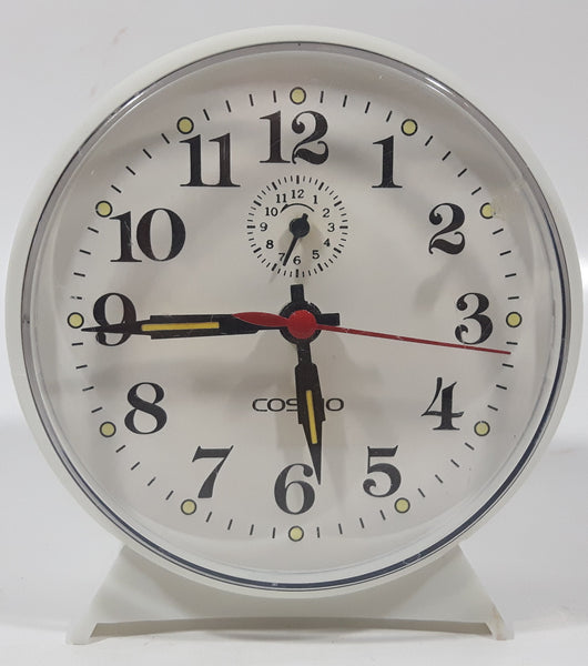 Vintage Cosmo White Plastic 4 1/2" Tall Wind Up Alarm Clock with Glow In The Dark Hands