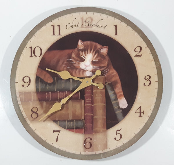 FirsTime Chat Mechant "Naughty Cat" Laying On Top Of A Stack Of Books 11 1/2" Round Wall Clock with Paper Hands