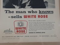 Vintage May 23, 1959 Maclean's Magazine 10 3/8" x 13 3/4" White Rose Gasoline Service Station "The man who knows -sells White Rose" Print Ad On Board Sealed in Plastic