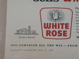 Vintage May 23, 1959 Maclean's Magazine 10 3/8" x 13 3/4" White Rose Gasoline Service Station "The man who knows -sells White Rose" Print Ad On Board Sealed in Plastic