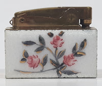 Rare Vintage Pigeon Small Automatic Super Lighter 90041 White Pink Flower Pattern Lighter Made in Japan