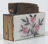 Rare Vintage Pigeon Small Automatic Super Lighter 90041 White Pink Flower Pattern Lighter Made in Japan