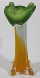 Yellow and White Green Lily Shaped 7 5/8" Tall Art Glass Flower Bud Vase