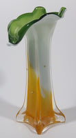 Yellow and White Green Lily Shaped 7 5/8" Tall Art Glass Flower Bud Vase