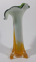 Yellow and White Green Lily Shaped 7 5/8" Tall Art Glass Flower Bud Vase