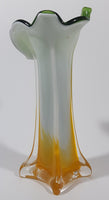 Yellow and White Green Lily Shaped 7 5/8" Tall Art Glass Flower Bud Vase