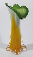 Yellow and White Green Lily Shaped 7 5/8" Tall Art Glass Flower Bud Vase