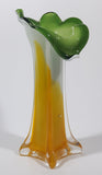 Yellow and White Green Lily Shaped 7 5/8" Tall Art Glass Flower Bud Vase