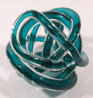 Infinity Rope Twisted Knot Ball 4 1/2" Turquoise Teal Blue Hand Blown Art Glass Sculpture