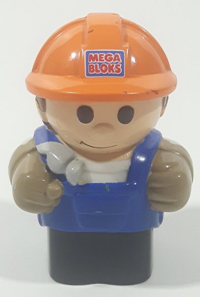 Mega Bloks My First Builders Construction Worker in Orange Hard Hat Wearing Black and Blue 3" Tall Plastic Toy Figure