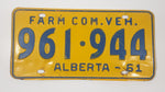 Vintage 1961 Alberta Farm Com. Vehicle Farm Truck Commercial Vehicle Blue Letters Yellow Vehicle License Plate Tag 961 544