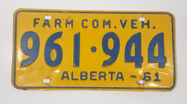 Vintage 1961 Alberta Farm Com. Vehicle Farm Truck Commercial Vehicle Blue Letters Yellow Vehicle License Plate Tag 961 544