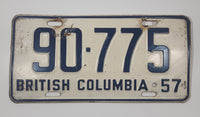 Vintage 1957 British Columbia White with Dark Blue Letters Vehicle License Plate Tag 90 775