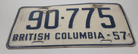 Vintage 1957 British Columbia White with Dark Blue Letters Vehicle License Plate Tag 90 775