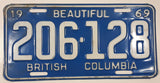 1969 Beautiful British Columbia Light Blue with White Letters Vehicle License Plate Tag 206 128