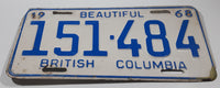 1968 Beautiful British Columbia White with Blue Letters Vehicle License Plate 151 484