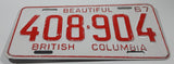 Vintage 1967 Beautiful British Columbia Red Letter White Vehicle Automobile License Plate Tag 408 904