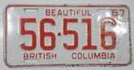 Vintage 1967 Beautiful British Columbia Red Letter White Vehicle Automobile License Plate Tag 56 516