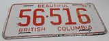 Vintage 1967 Beautiful British Columbia Red Letter White Vehicle Automobile License Plate Tag 56 516