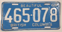 Vintage 1965 Beautiful British Columbia White Letter Light Blue Vehicle Automobile License Plate Tag 465 078