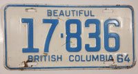 1964 Beautiful British Columbia White with Light Blue Letters Vehicle License Plate 17 836