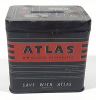 Vintage 1950s Atlas Rugged Dependable GM12 - 157  "Save With Atlas" 3" Tall Battery Shaped Black Tin Metal Advertising Coin Bank Made in U.S.A.