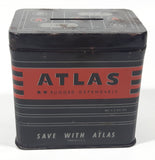 Vintage 1950s Atlas Rugged Dependable GM12 - 157  "Save With Atlas" 3" Tall Battery Shaped Black Tin Metal Advertising Coin Bank Made in U.S.A.