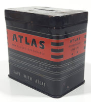 Vintage 1950s Atlas Rugged Dependable GM12 - 157  "Save With Atlas" 3" Tall Battery Shaped Black Tin Metal Advertising Coin Bank Made in U.S.A.