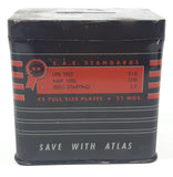 Vintage 1950s Atlas Rugged Dependable GM12 - 157  "Save With Atlas" 3" Tall Battery Shaped Black Tin Metal Advertising Coin Bank Made in U.S.A.