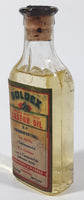 Antique Robinson & Webber Limited Winnipeg Packers Bottlers B.P. Pharmaceutical Goldex Gold Pure Cold Drawn London Castor Oil 4 1/2" Tall Glass Bottle with Cork Still FULL