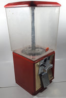 Vintage 25 Cent Heavy Red Metal 17 1/2" Tall Gumball Vending Machine Dispenser with Plastic Candy Bin