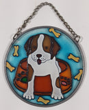 Joan Baker Designs Puppy Dog Sitting in Dish with Bones 3 1/4" Stained Glass Window Sun Catcher