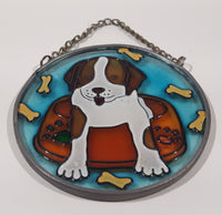 Joan Baker Designs Puppy Dog Sitting in Dish with Bones 3 1/4" Stained Glass Window Sun Catcher