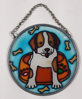 Joan Baker Designs Puppy Dog Sitting in Dish with Bones 3 1/4" Stained Glass Window Sun Catcher