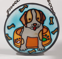 Joan Baker Designs Puppy Dog Sitting in Dish with Bones 3 1/4" Stained Glass Window Sun Catcher