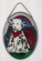 Joan Baker Designs Dalmatian Puppy Dog Sitting in Next To Fire Hydrant 3 1/2" x 5" Oval Shaped Stained Glass Window Sun Catcher