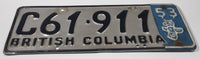 Vintage 1952 1953 British Columbia Silver with Black Letters Metal Vehicle License Plate Tag with Blue and White '53 Add-On Section C61 911