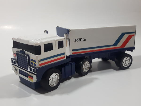 Vintage 1970s Tonka Semi Tractor Truck and Trailer White 8" Long Pressed Steel and Plastic Die Cast Toy Car Vehicle Made in Japan