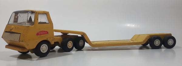 Vintage 1970s Tonka Semi Tractor Truck and Lowboy Trailer Yellow 11 1/4" Long Pressed Steel and Plastic Die Cast Toy Car Vehicle